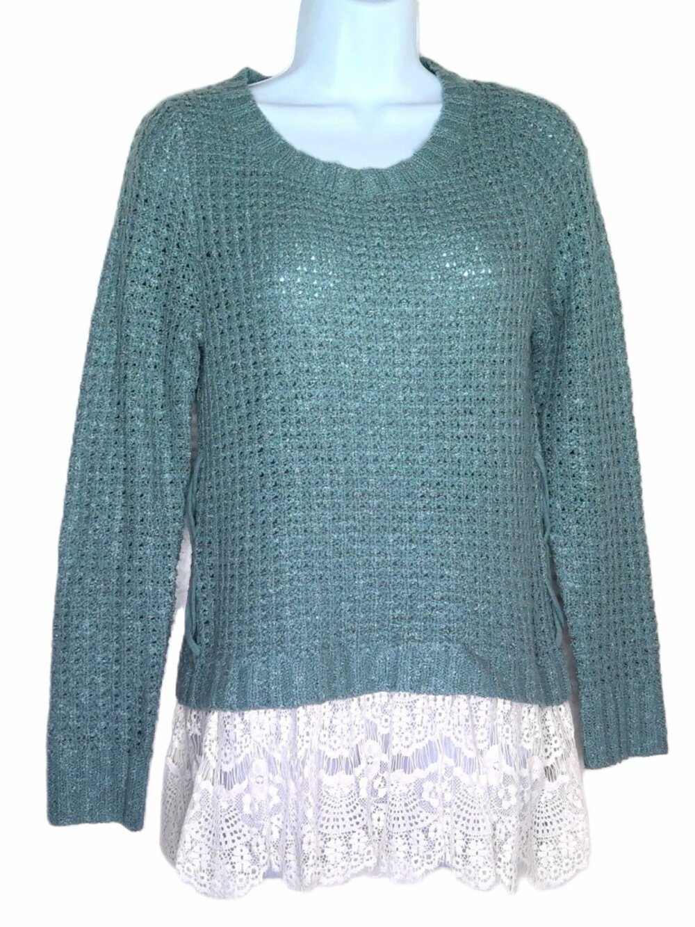 Knox Rose Boho Knit Top Sweater Seafoam Blue Cottagecore Lace Ruffled Hem Sz XS